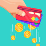 Ilustração de uma mão segurando dois cartões de crédito, com moedas saindo deles
