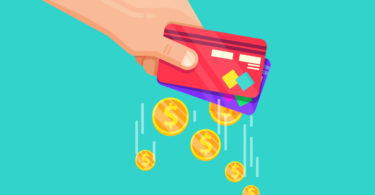 Ilustração de uma mão segurando dois cartões de crédito, com moedas saindo deles
