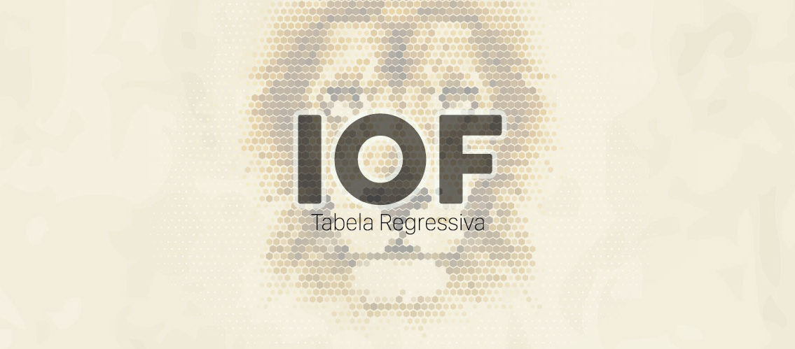 Letreiro com a sigla IOF, e a ilustração de uma cabeça de leão ao fundo bege