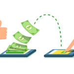 Ilustração com notas verdes de dinheiro passando de um celular para outro