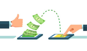 Ilustração com notas verdes de dinheiro passando de um celular para outro